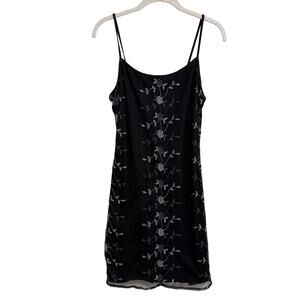 VTG Y2K Mini Dress M Black Floral Embroidered Indie Whimsygoth Dark Fairy Mesh
